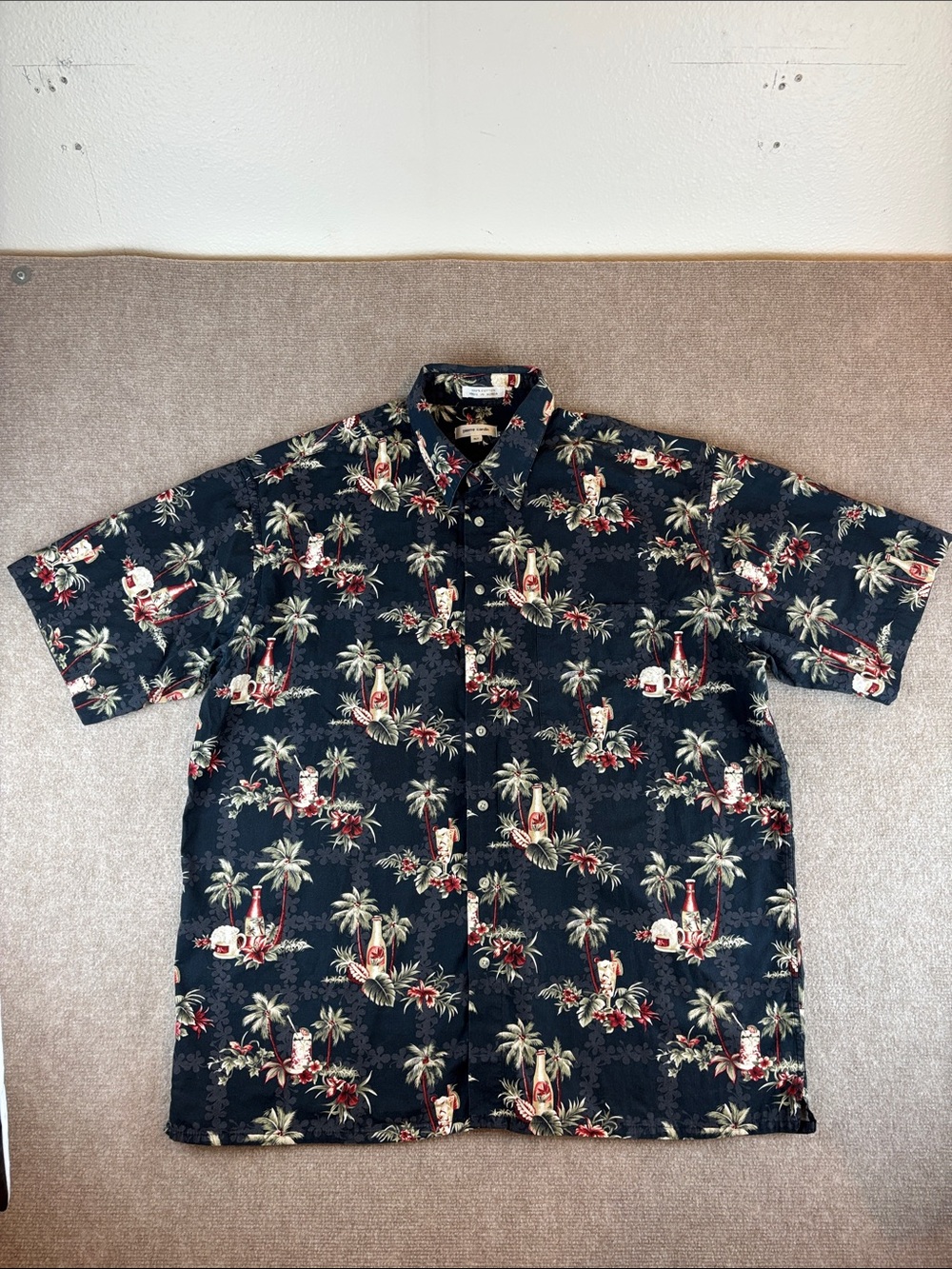 Pierre Cardin Retro Black Tropical Print Short Sleeve Button-Down Shirt Sz XLT
